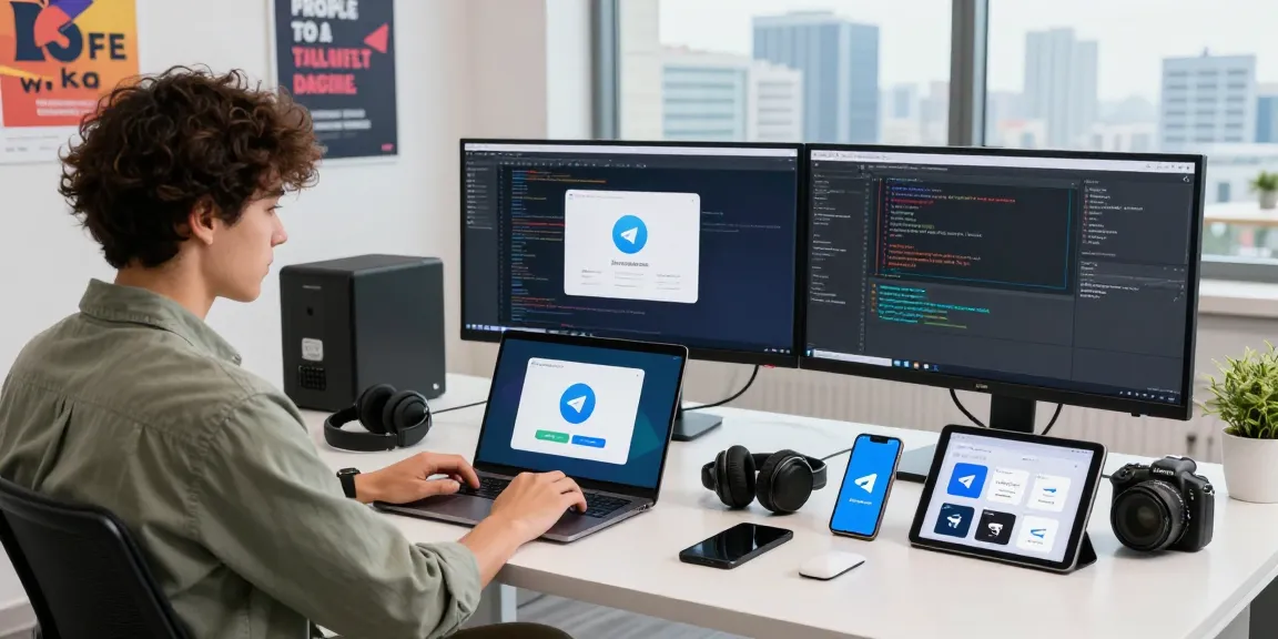 Download Telegram app on a laptop in a modern tech workspace with gadgets.