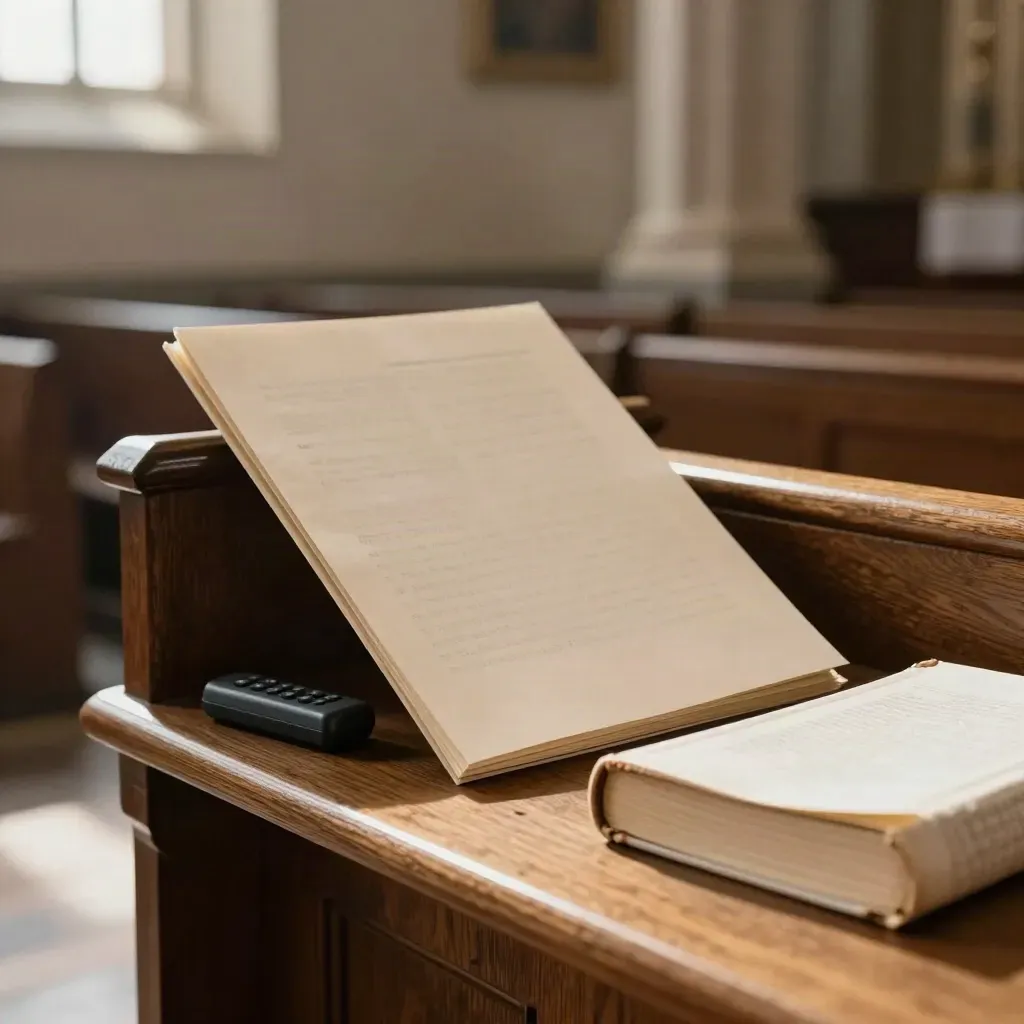 Predikostöd på kyrkbänk med folder, fjärrkontroll, psalmbok och linne i mjukt ljus.