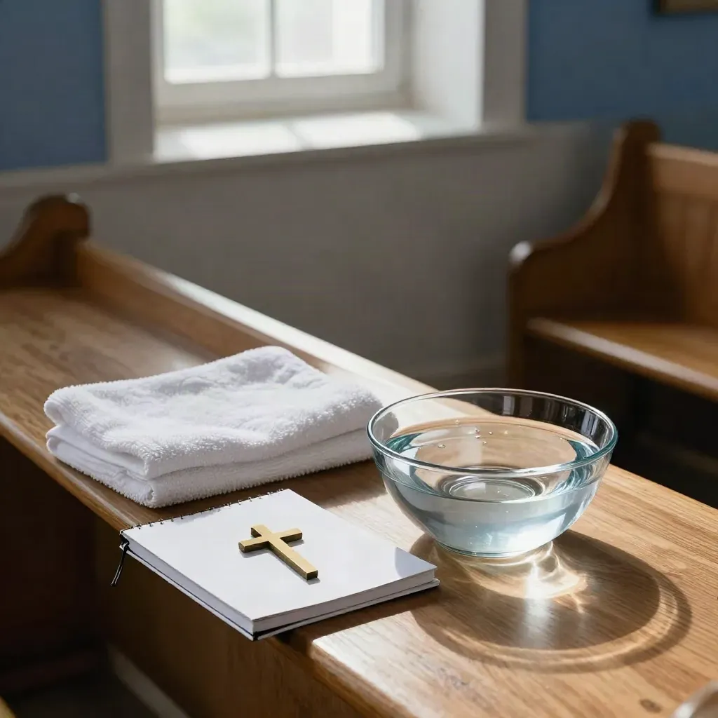 Dopförberedelser på kyrkbänk med hopvikt handduk, bok, kors och vattenskål i mjukt ljus.